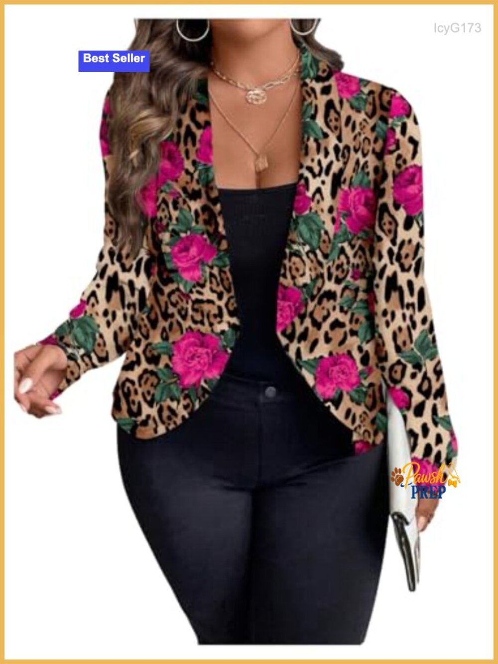 Plus Size Floral Cheetah Blazer Long Sleeve Lapel Neck Open Front Suit Jacket